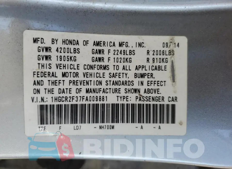 1HGCR2F37FA009881 Photo# 12