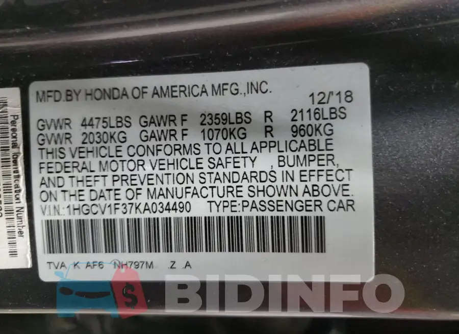 1HGCV1F37KA034490 Photo# 12