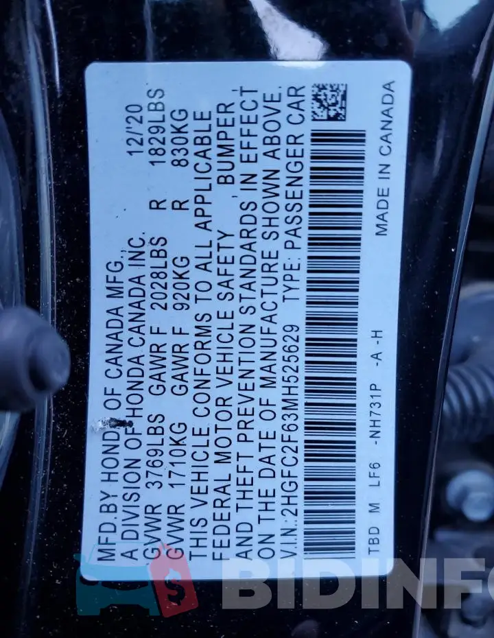 2HGFC2F63MH525629 Photo# 12