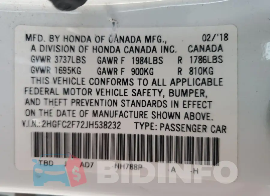 2HGFC2F72JH538232 Photo# 13