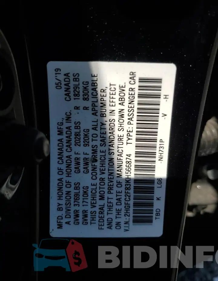 2HGFC2F83KH566874 Photo# 12