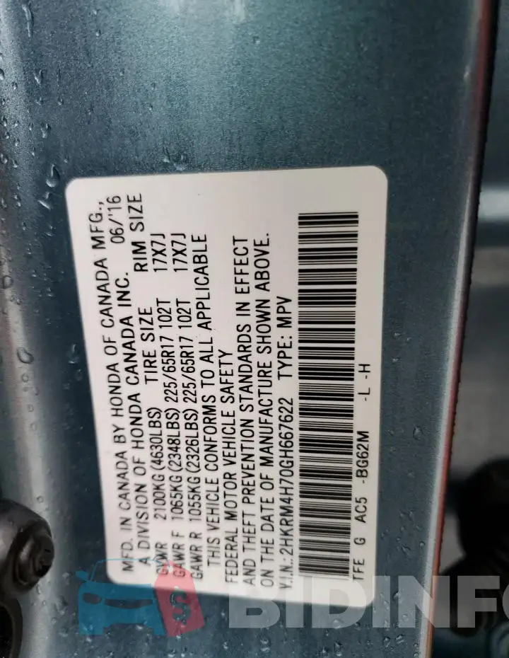 2HKRM4H70GH667622 Photo# 14
