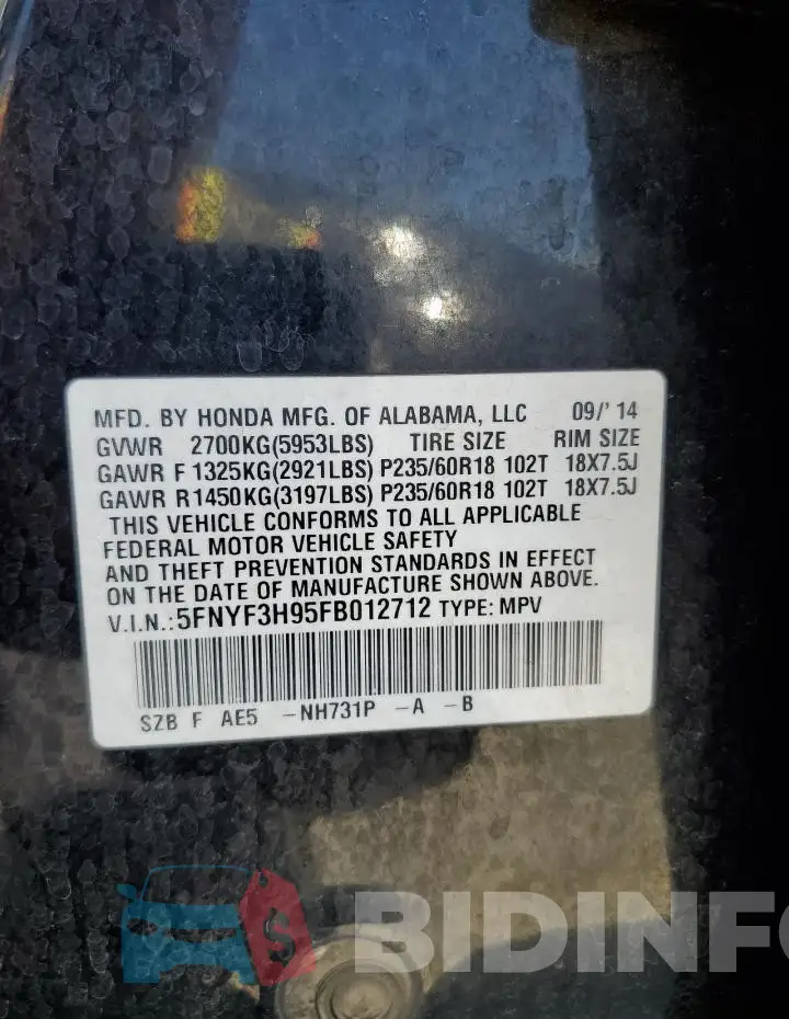 5FNYF3H95FB012712 Photo# 13