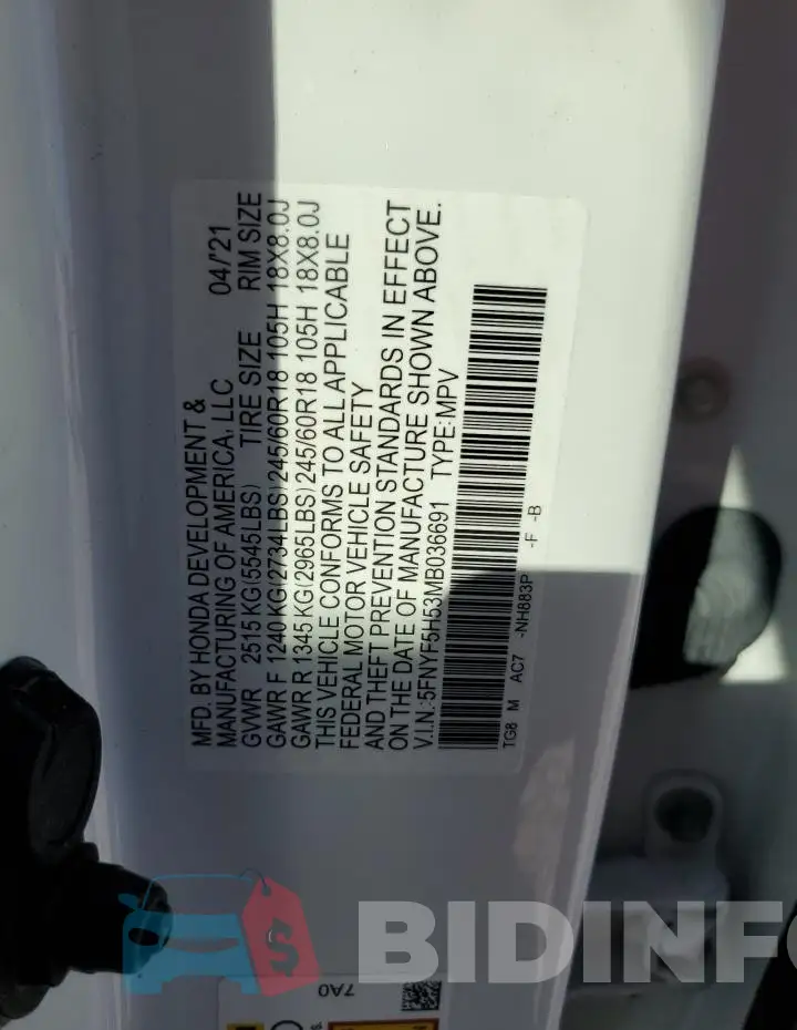 5FNYF5H53MB036691 Photo# 13