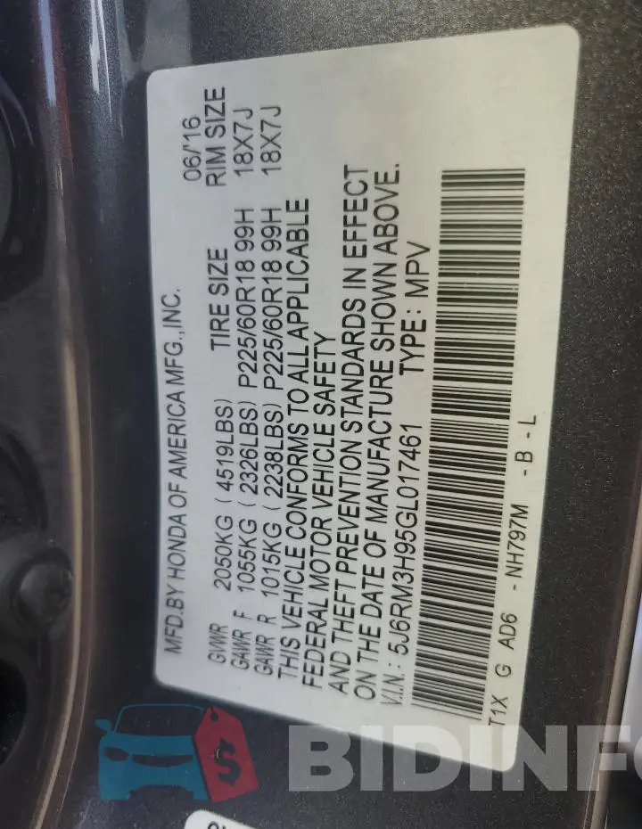 5J6RM3H95GL017461 Photo# 12