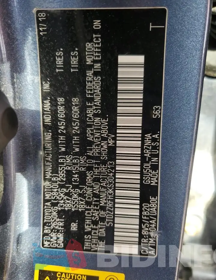 5TDZZRFH3KS304213 Photo# 13