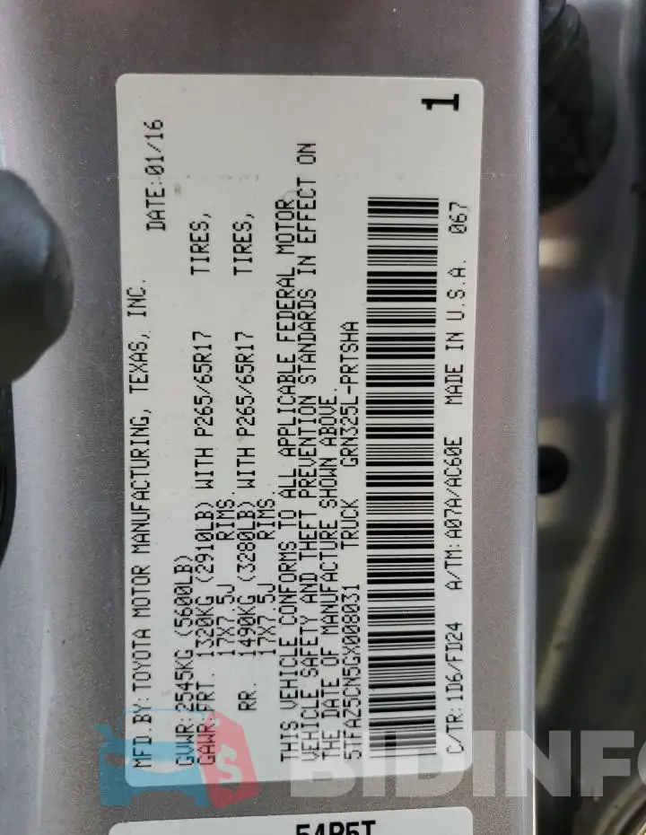 5TFAZ5CN5GX008031 Photo# 13
