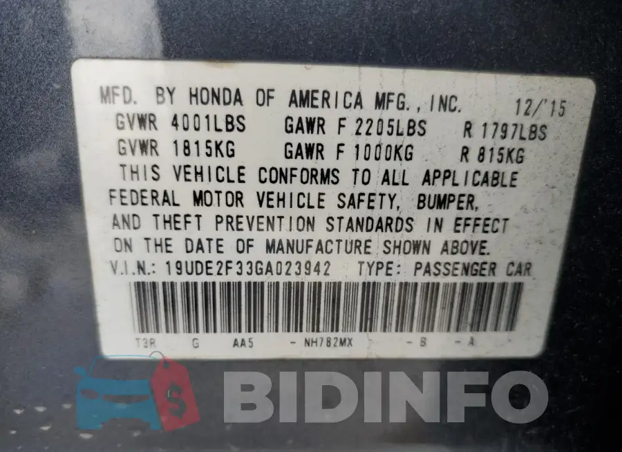 19UDE2F33GA023942 Photo# 12