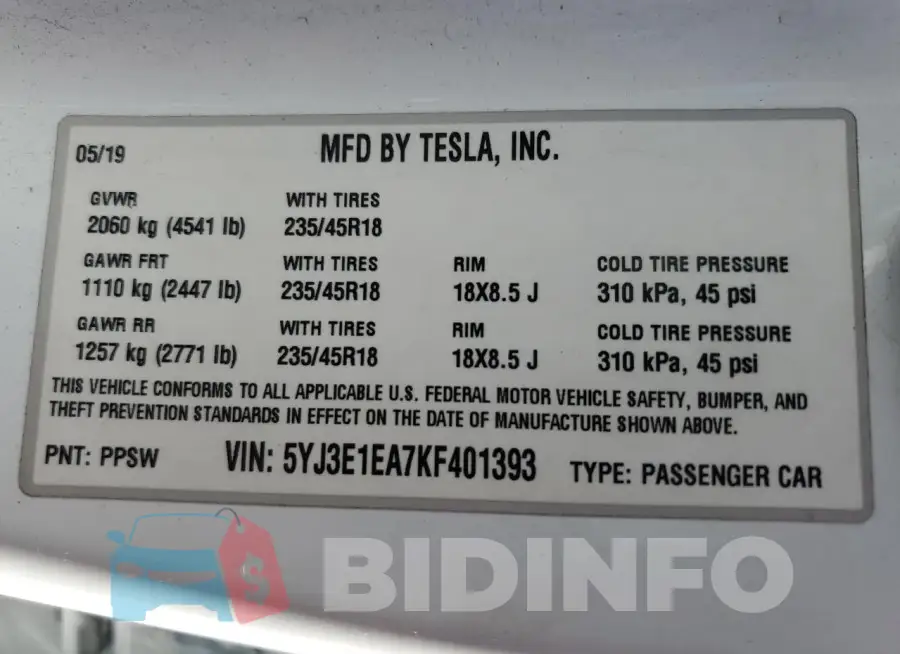 5YJ3E1EA7KF401393 Photo# 12