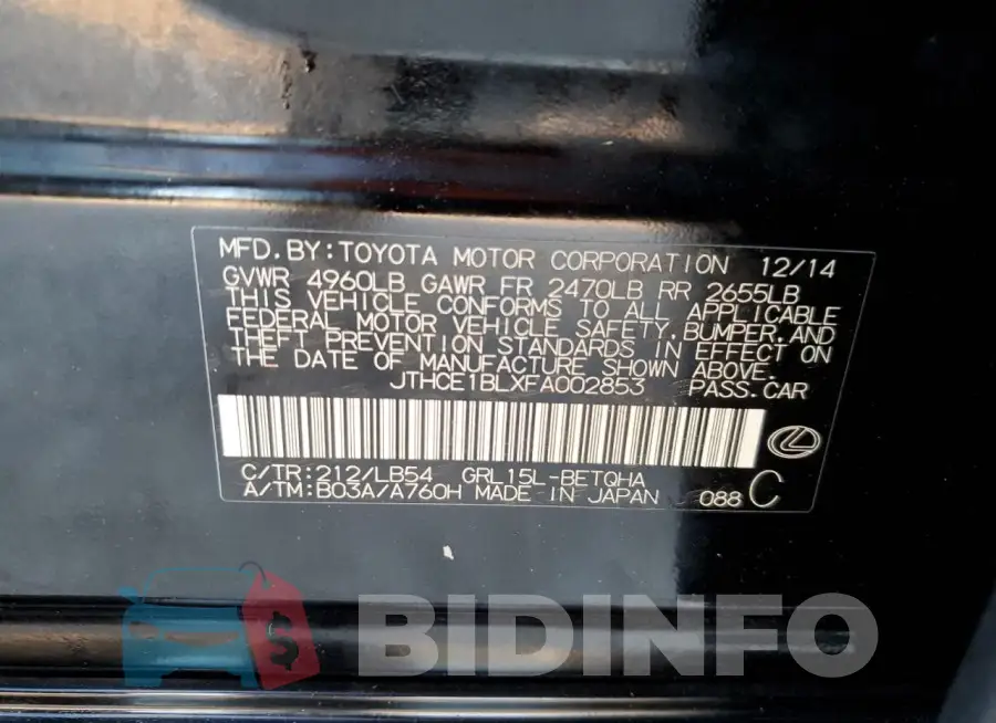 JTHCE1BLXFA002853 Photo# 13