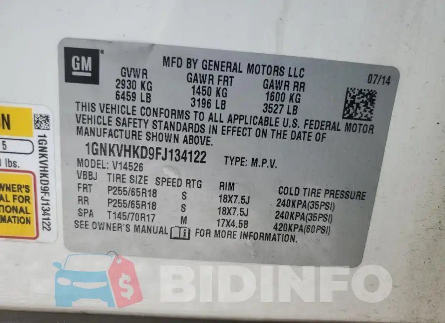1GNKVHKD9FJ134122 Photo# 13