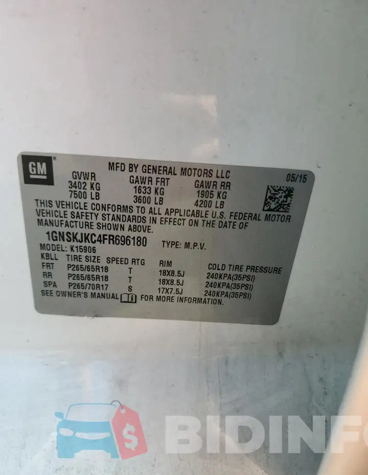 1GNSKJKC4FR696180 Photo# 13