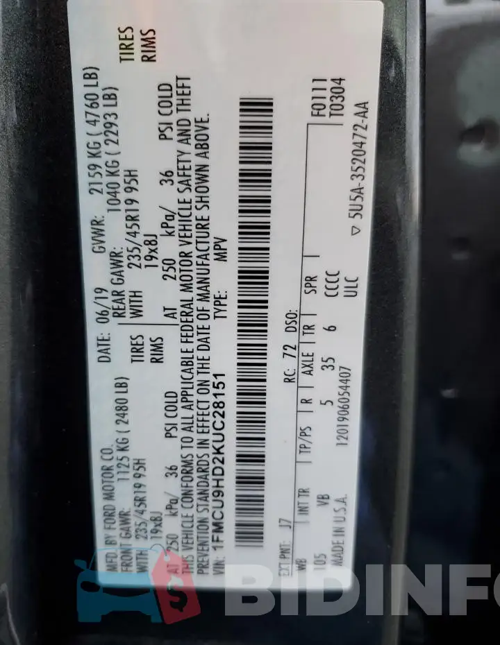 1FMCU9HD2KUC28151 Photo# 13