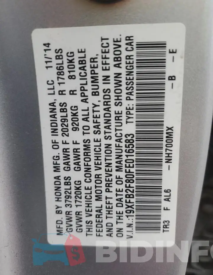 19XFB2F80FE016583 Photo# 12