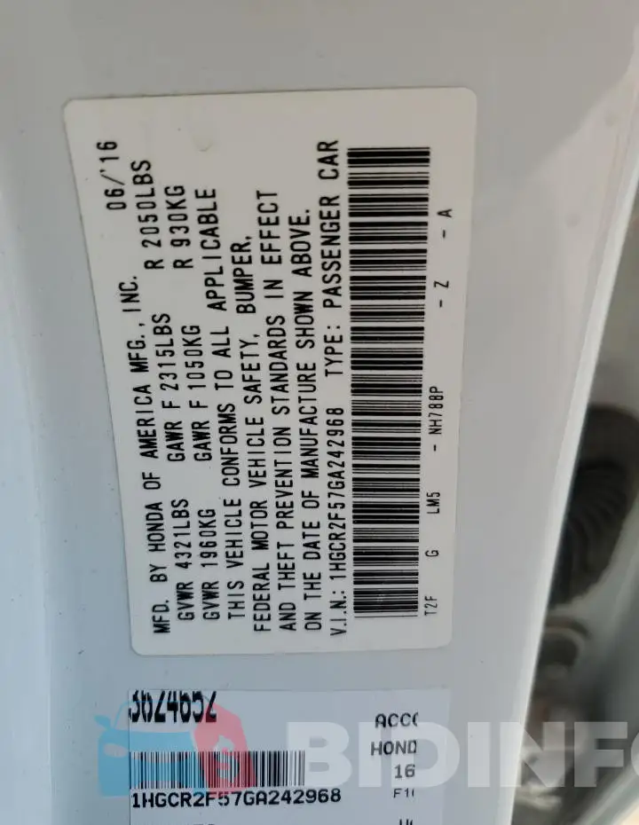 1HGCR2F57GA242968 Photo# 12