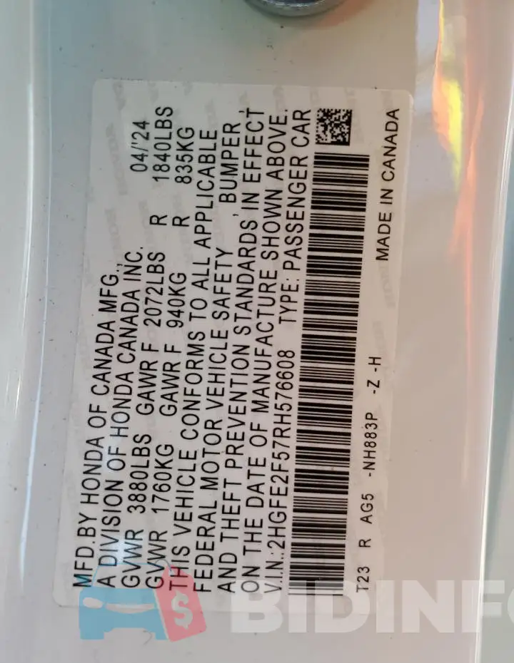 2HGFE2F57RH576608 Photo# 12