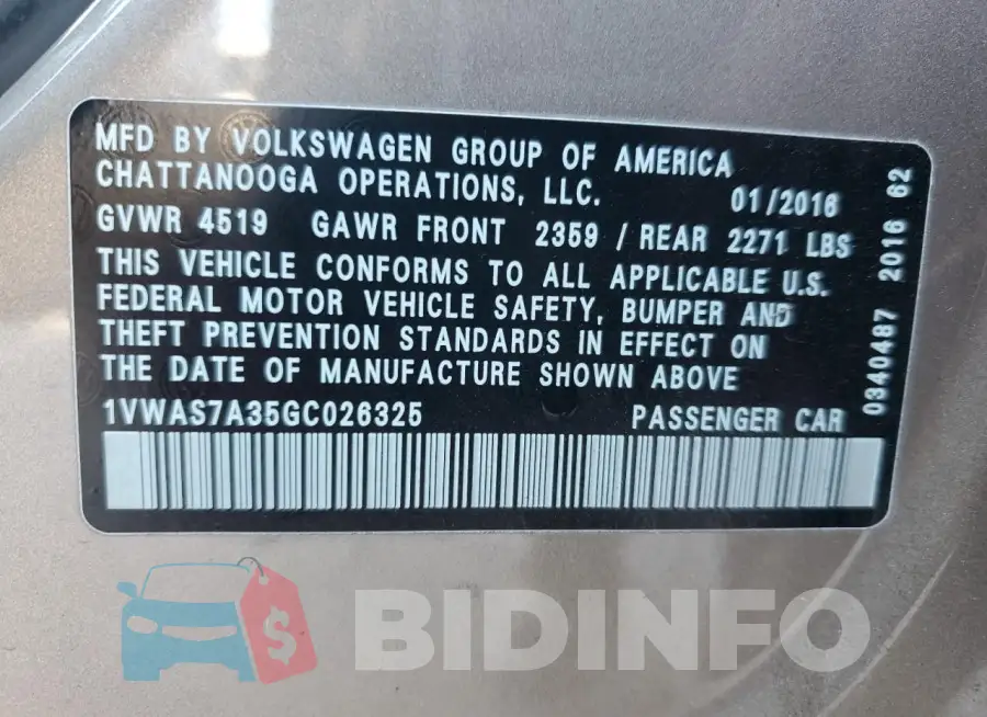 1VWAS7A35GC026325 Photo# 12