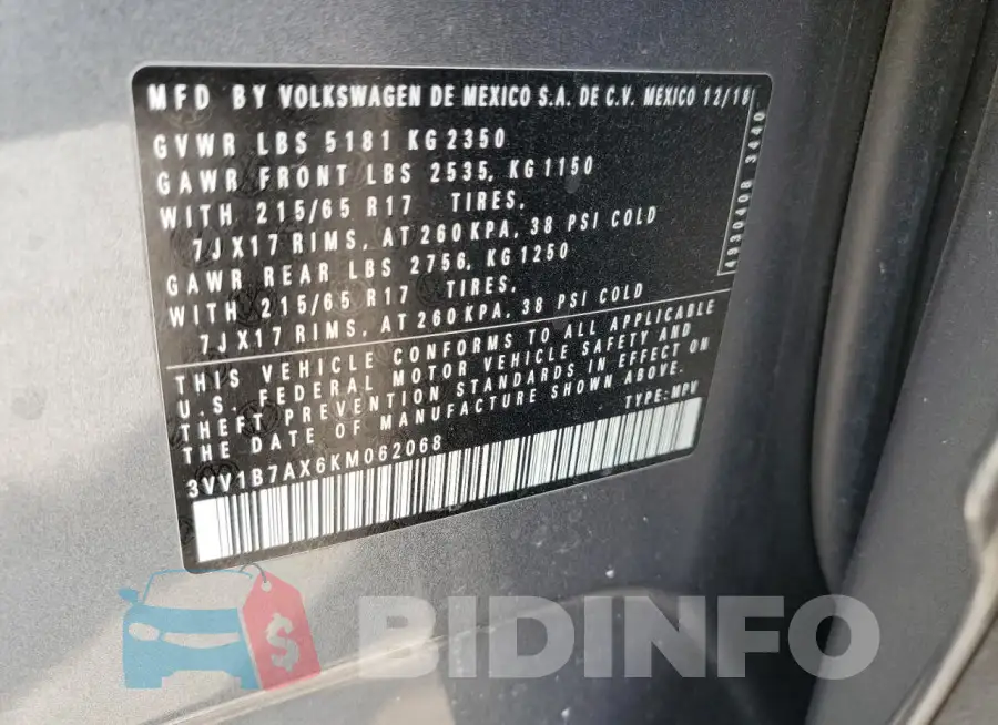 3VV1B7AX6KM062068 Photo# 14