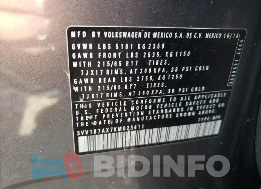 3VV1B7AX7KM023411 Photo# 13