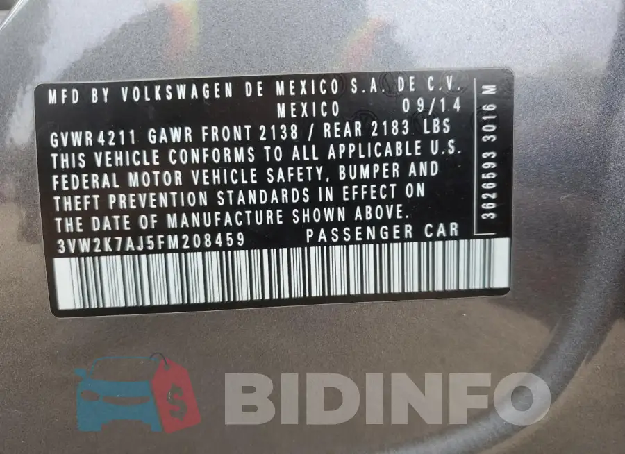 3VW2K7AJ5FM208459 Photo# 12
