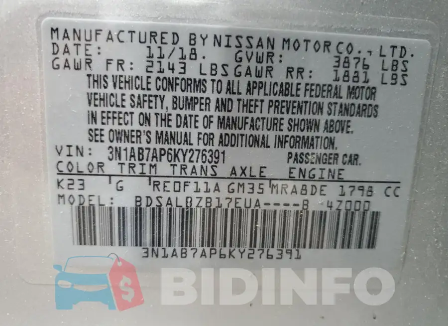 3N1AB7AP6KY276391 Photo# 12