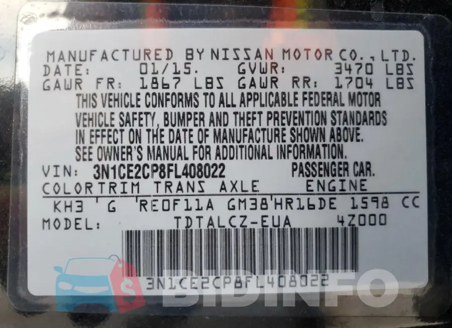 3N1CE2CP8FL408022 Photo# 12