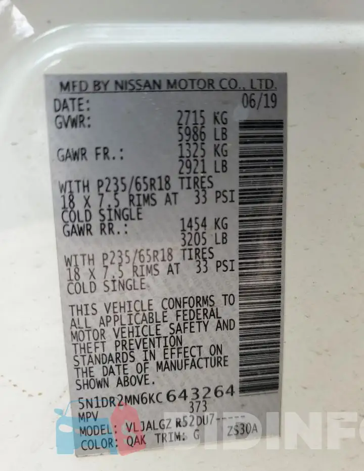 5N1DR2MN6KC643264 Photo# 13