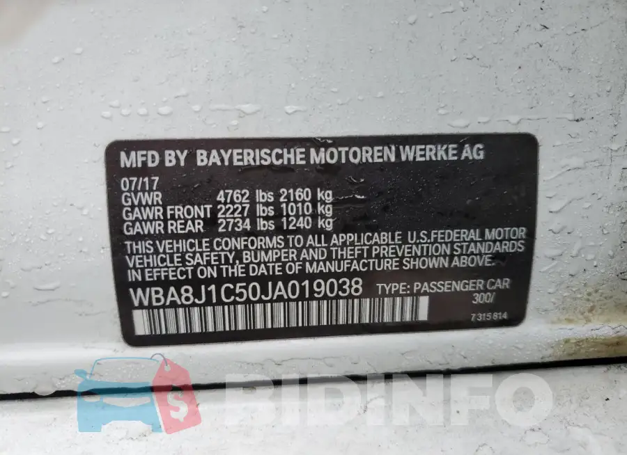 WBA8J1C50JA019038 Photo# 14