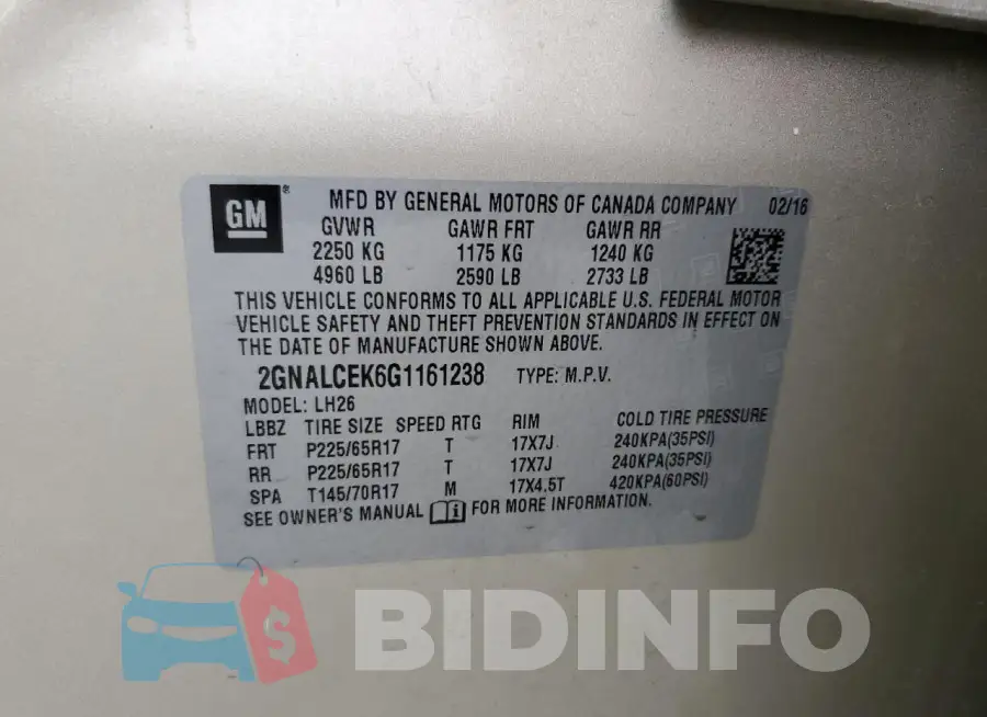 2GNALCEK6G1161238 Photo# 13