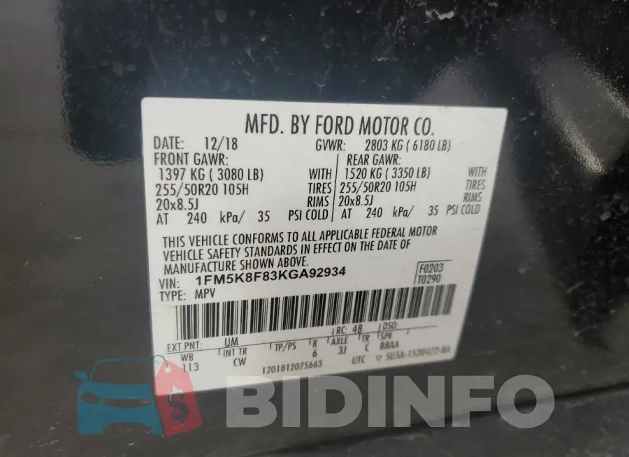 1FM5K8F83KGA92934 Photo# 13