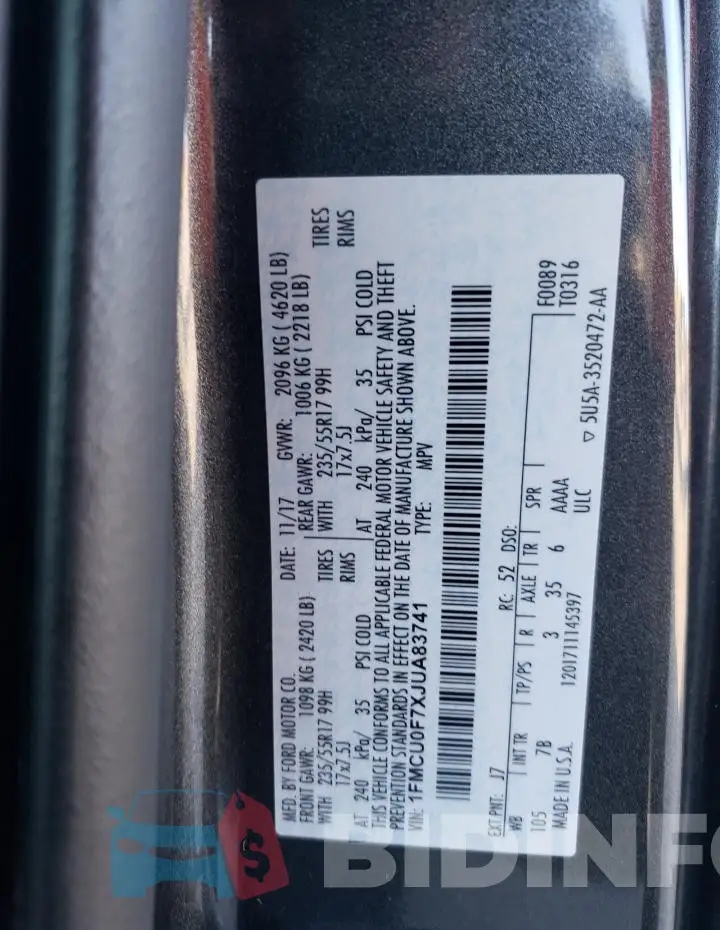 1FMCU0F7XJUA83741 Photo# 14