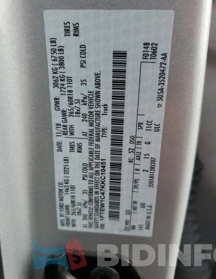1FTEW1C47KKC10451 Photo# 12