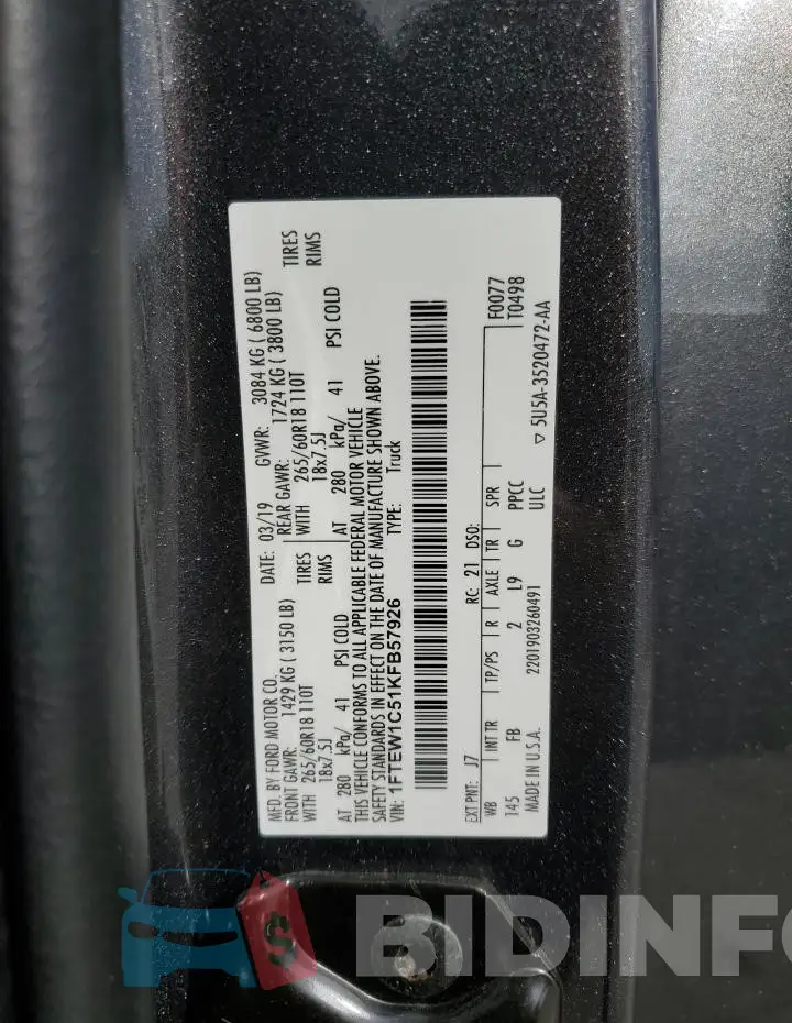 1FTEW1C51KFB57926 Photo# 13