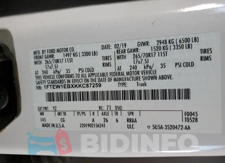 1FTEW1EBXKKC87259 Photo# 12