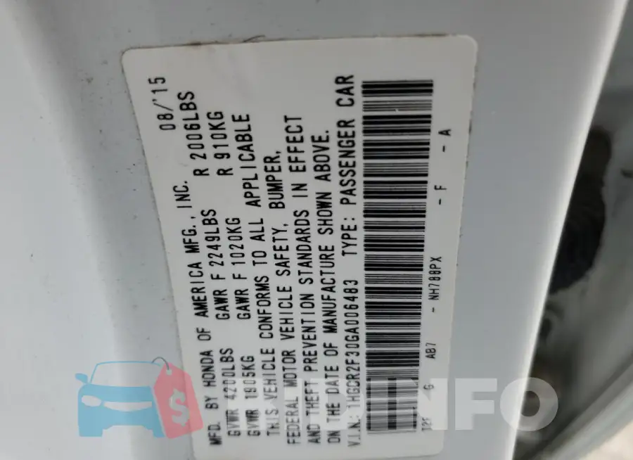1HGCR2F30GA006483 Photo# 13