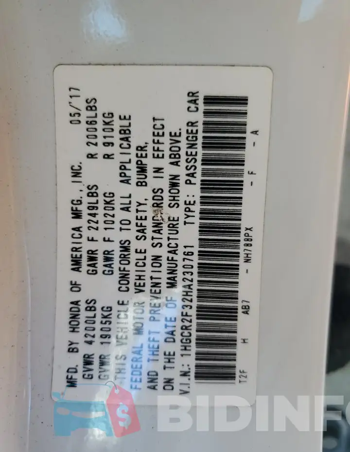 1HGCR2F32HA230761 Photo# 12