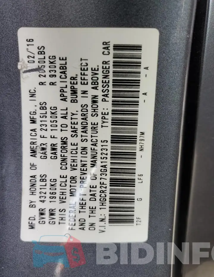 1HGCR2F73GA152315 Photo# 12