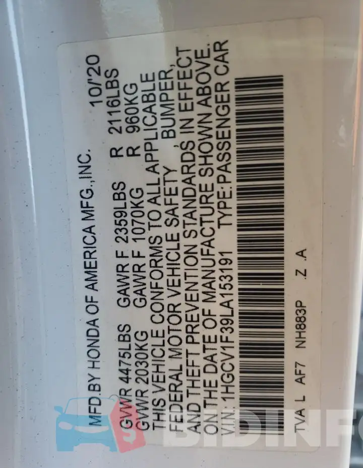 1HGCV1F39LA153191 Photo# 12