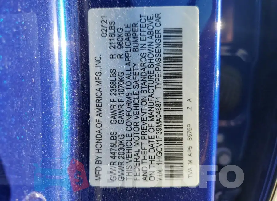 1HGCV1F39MA046871 Photo# 12