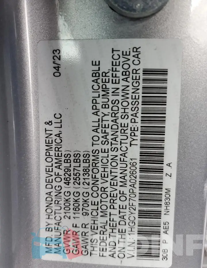 1HGCY2F70PA026061 Photo# 12