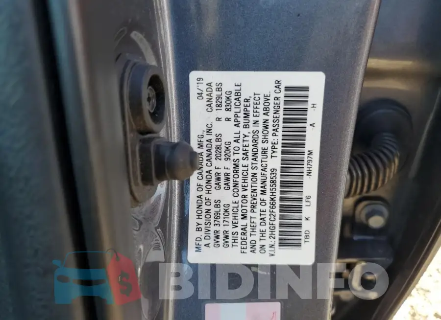 2HGFC2F66KH558539 Photo# 12