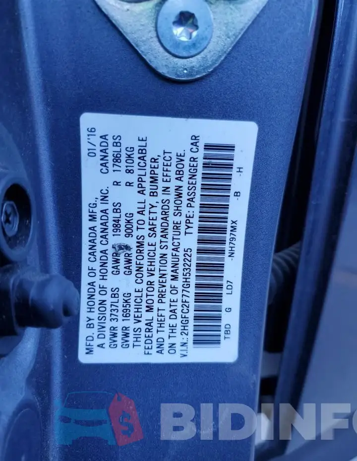 2HGFC2F77GH532225 Photo# 13