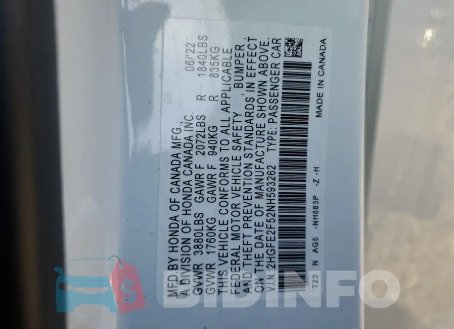 2HGFE2F52NH593262 Photo# 12