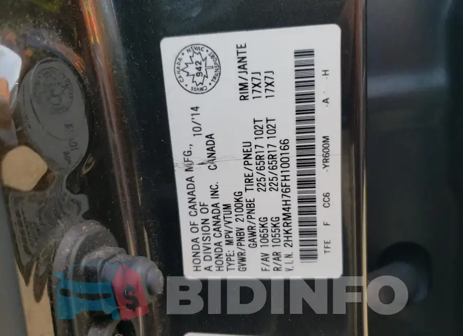 2HKRM4H76FH100166 Photo# 14
