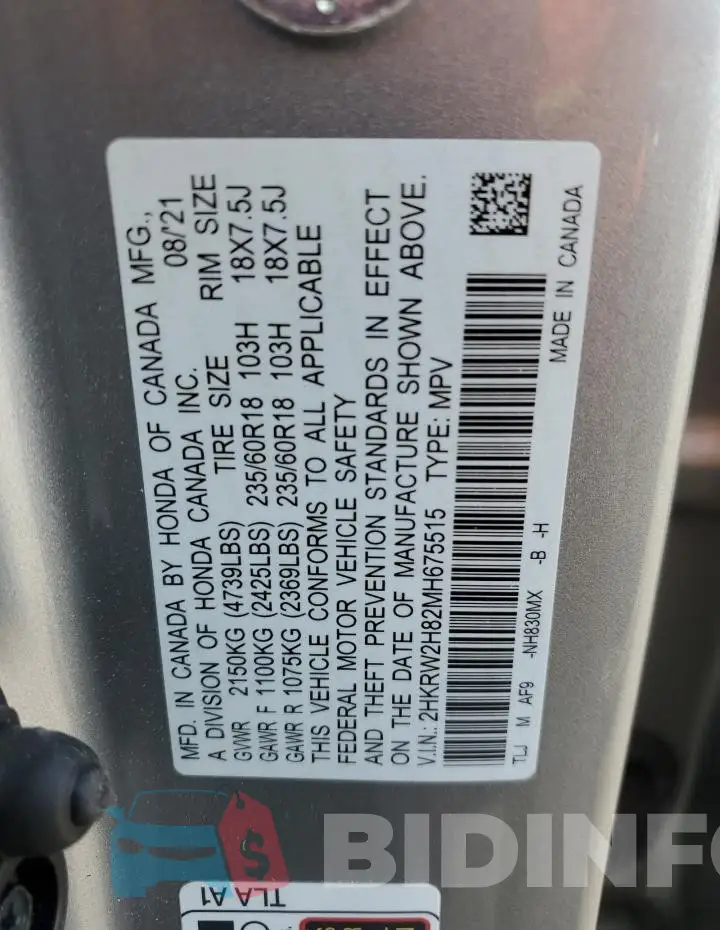 2HKRW2H82MH675515 Photo# 14