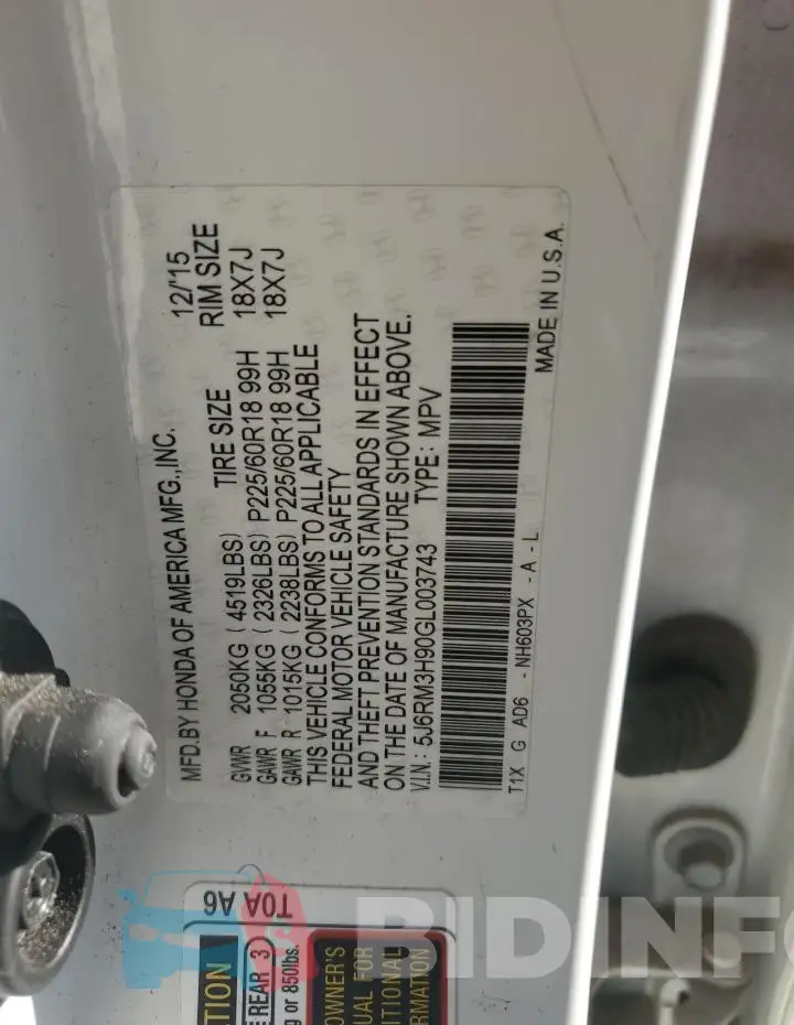 5J6RM3H90GL003743 Photo# 13