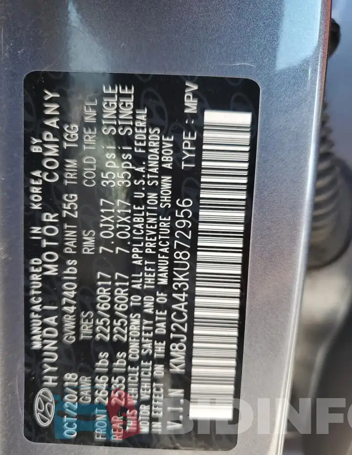 KM8J2CA43KU872956 Photo# 13