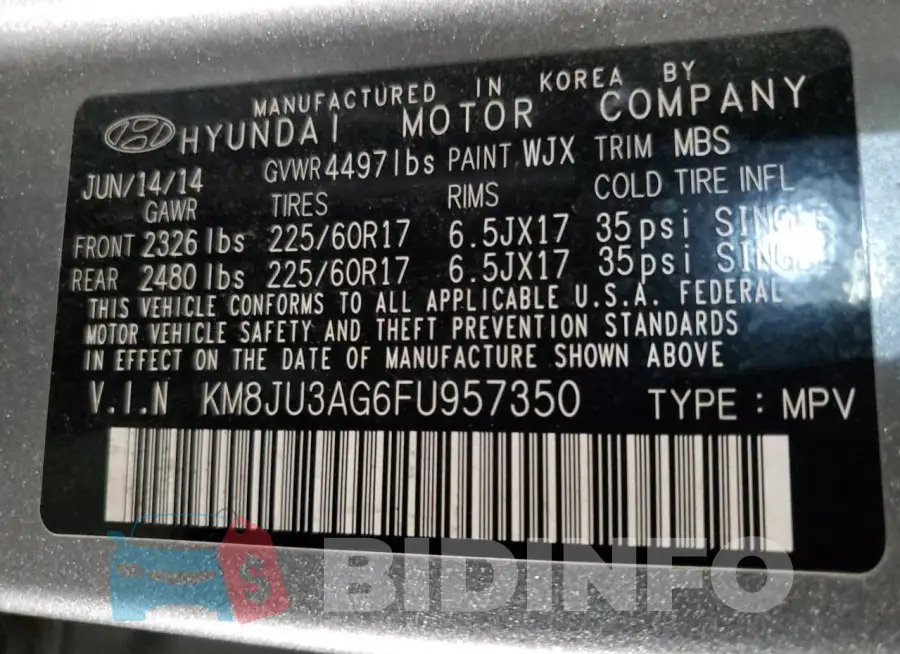 KM8JU3AG6FU957350 Photo# 14