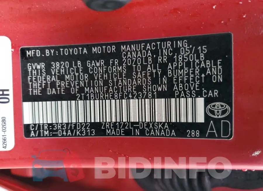 2T1BURHE8FC423781 Photo# 12