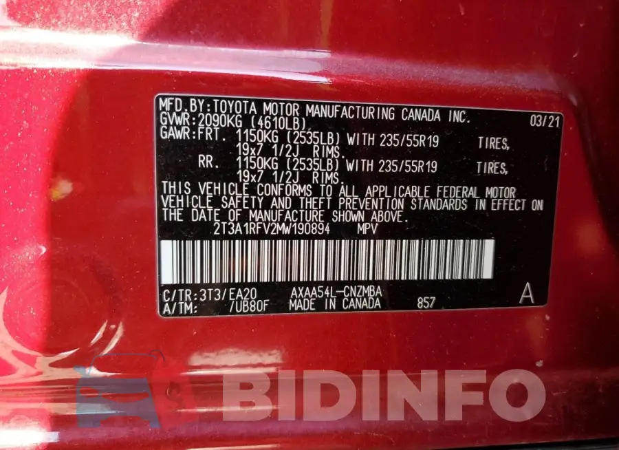 2T3A1RFV2MW190894 Photo# 14